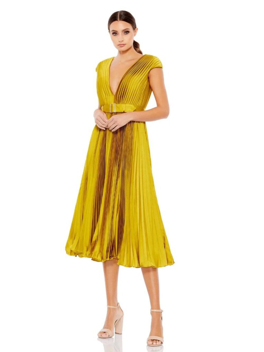Mac Duggal Mustard Yellow Pleated V-Neck Midi Dress